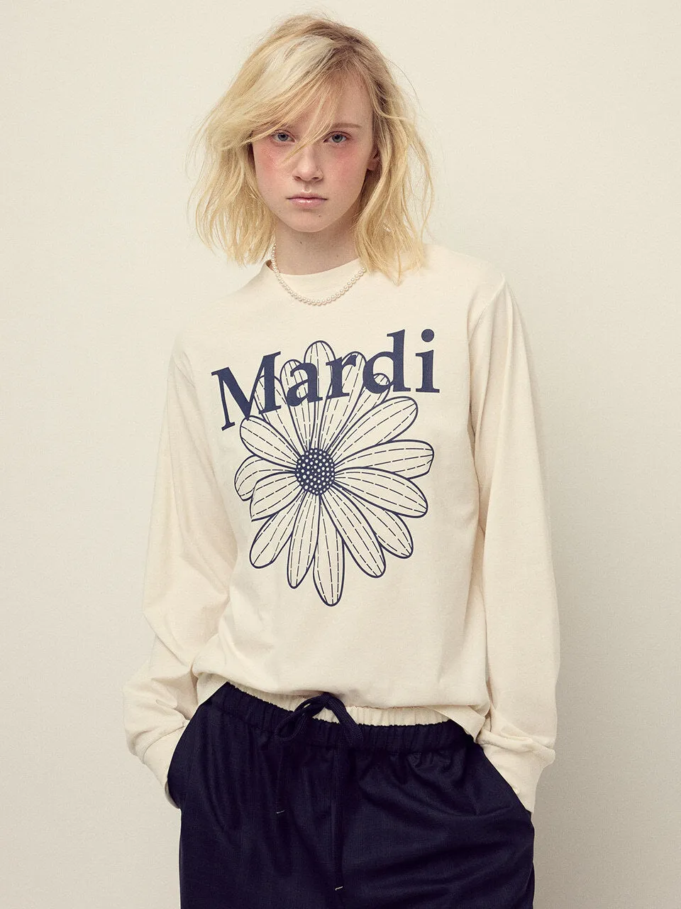 TSHIRT LONG SLEEVE FLOWERMARDI_CREAM NAVY Comfort Stretch Fit
