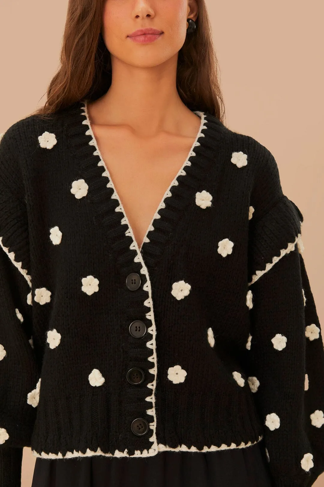 Black And White Flowers Knit Cardigan Soft Apparel