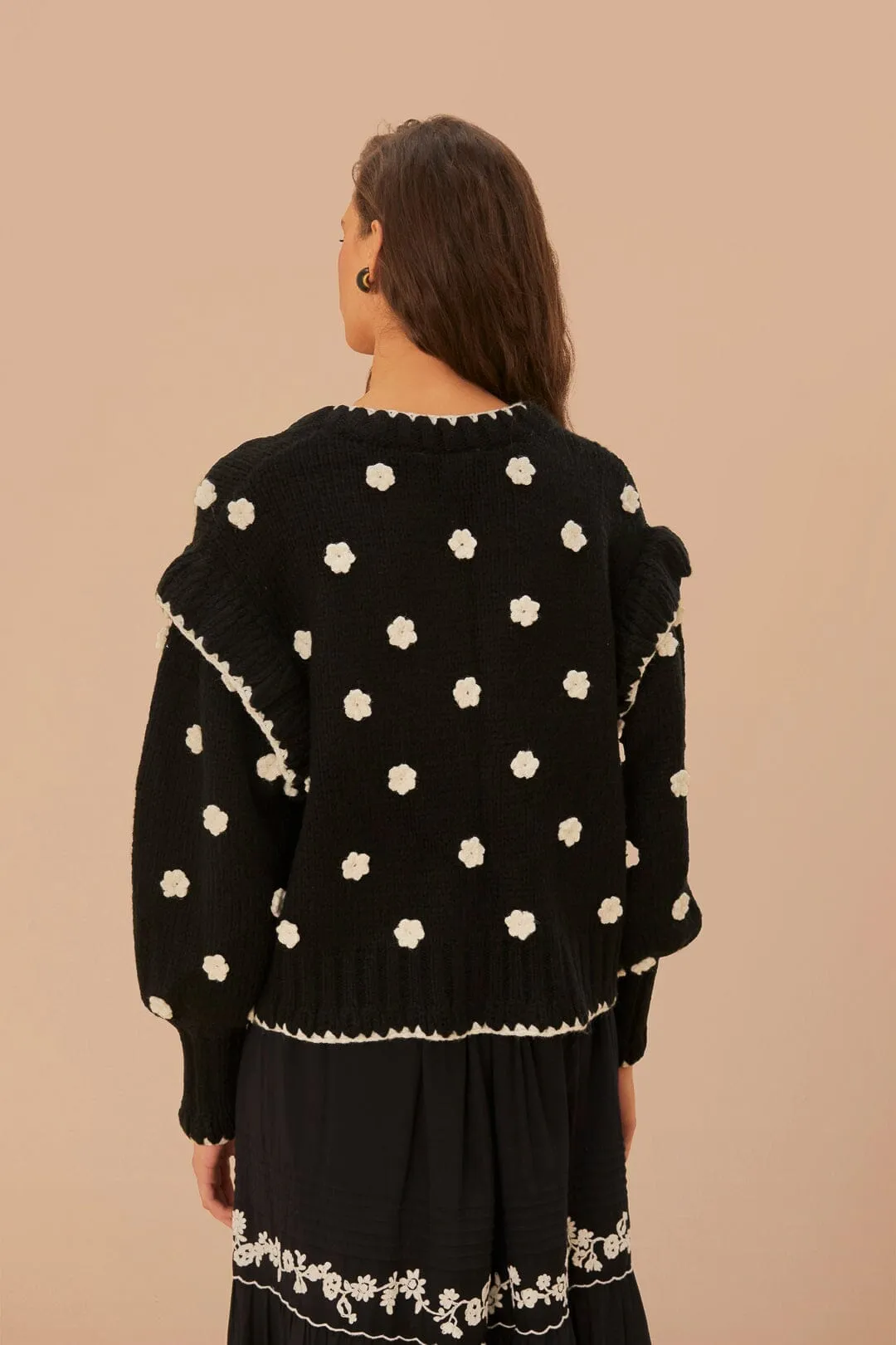 Black And White Flowers Knit Cardigan Reinforced Hemline