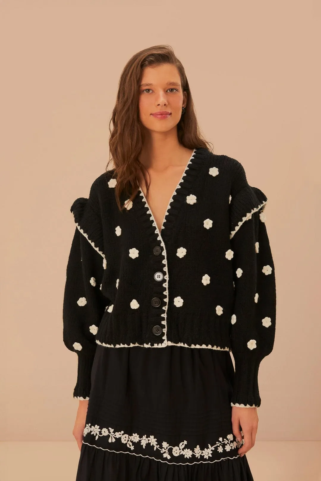 Black And White Flowers Knit Cardigan Luxe Layer Minimal Fashion