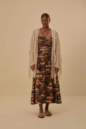 Sand Stripes Fringes Knit Cardigan FourWay Stretch Fabric Layered Neckline