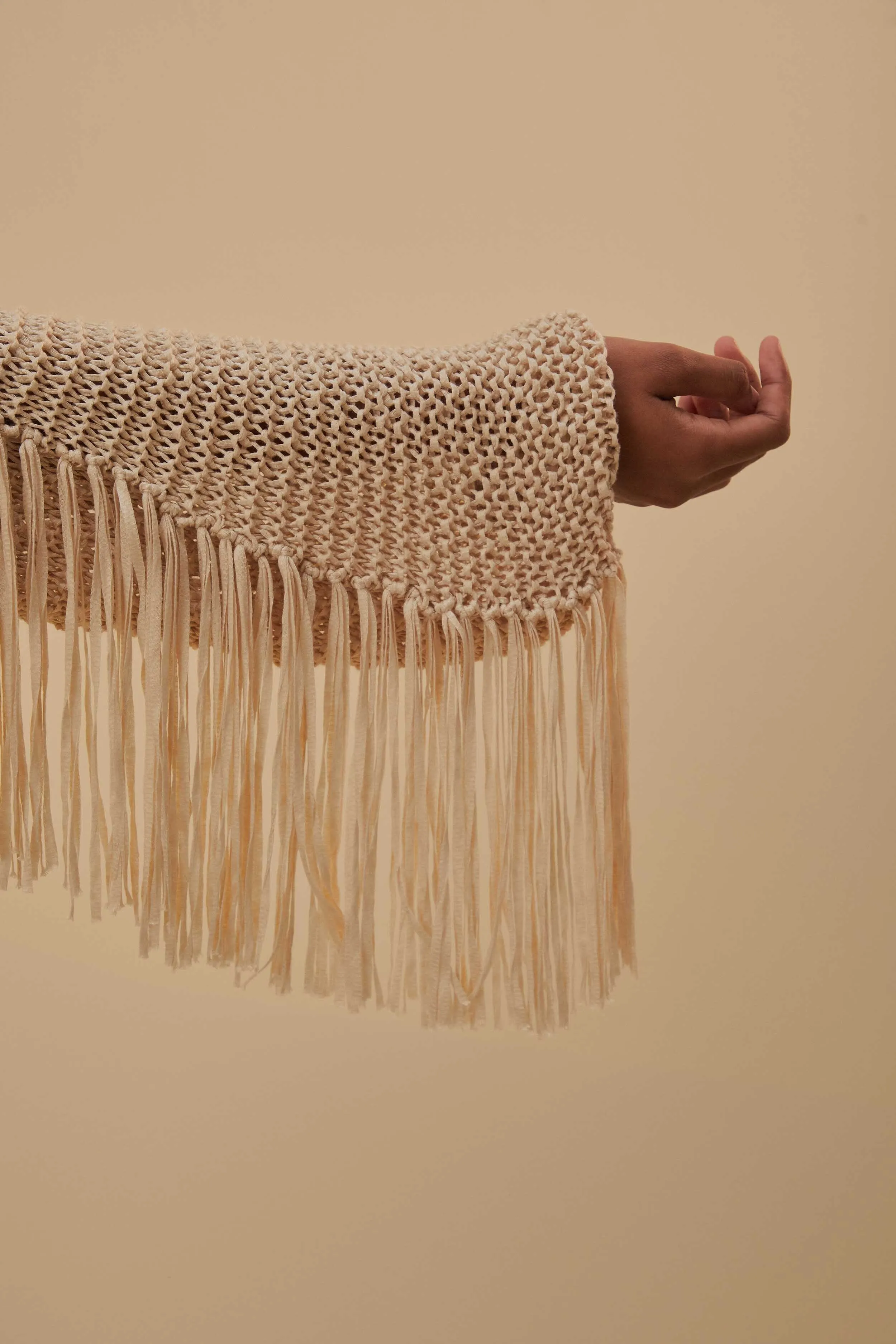 Sand Stripes Fringes Knit Cardigan Reinforced Hems