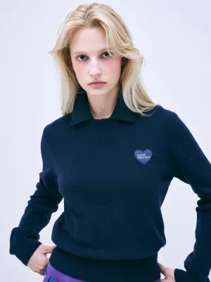 ZeroWaste Knitting Technique Comfortable Wear RACCOON BLENDED ROUND NECK HEART LOGO_NAVY