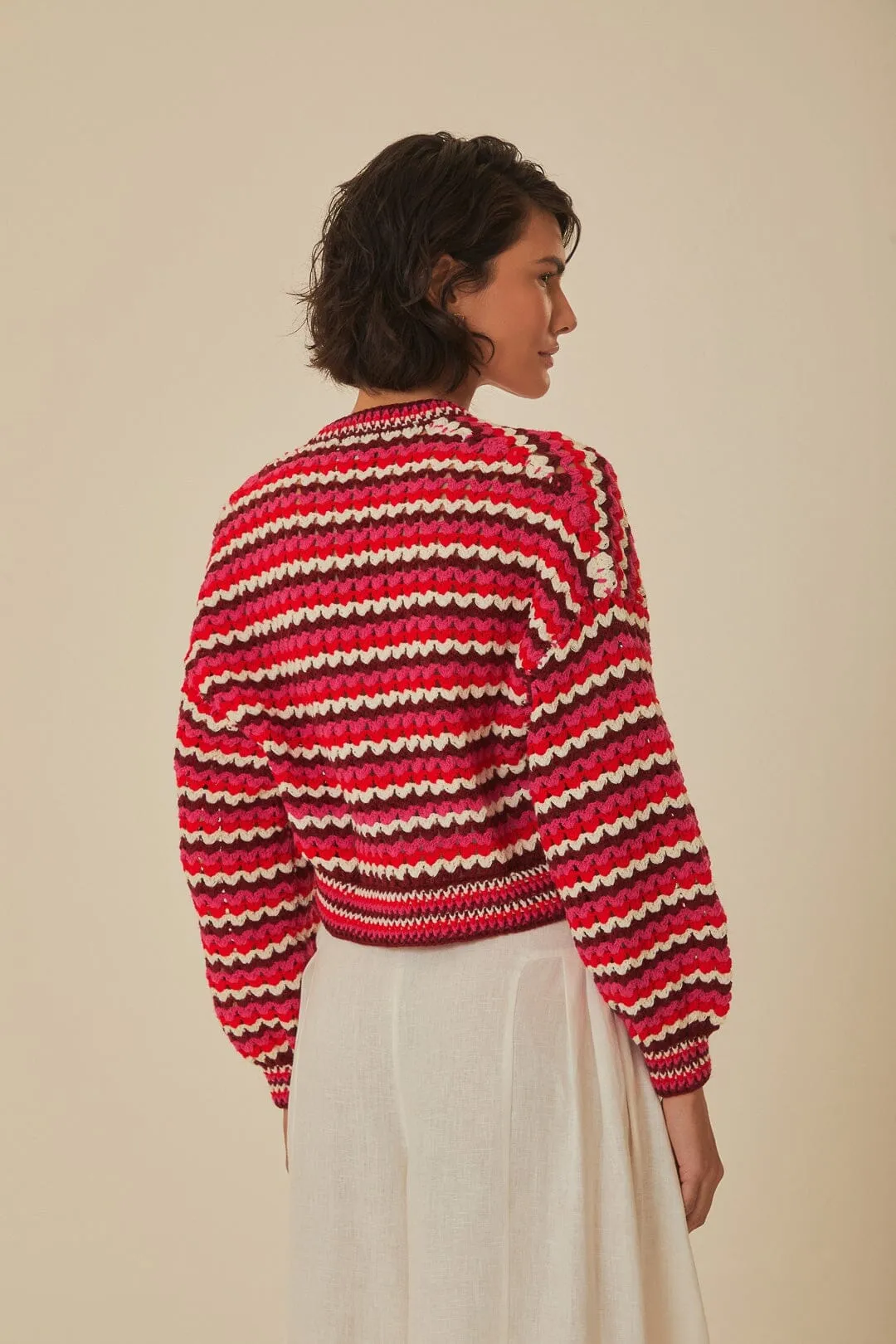Biodegradable material Soft Layer Colorful Stripes Crochet Cardigan