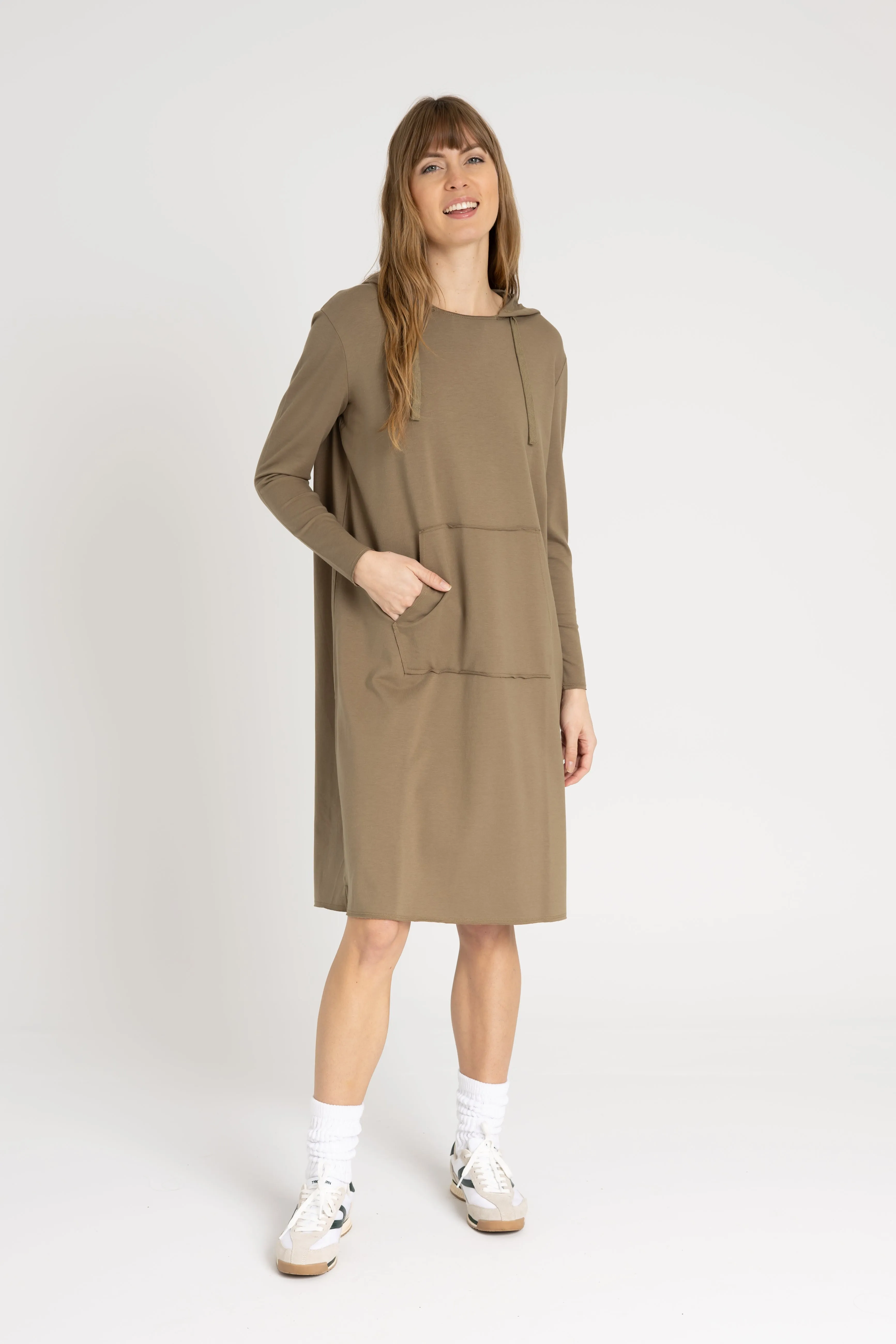 Green Drawstring Hoodie Dress Layering-Piece Flowing Layers