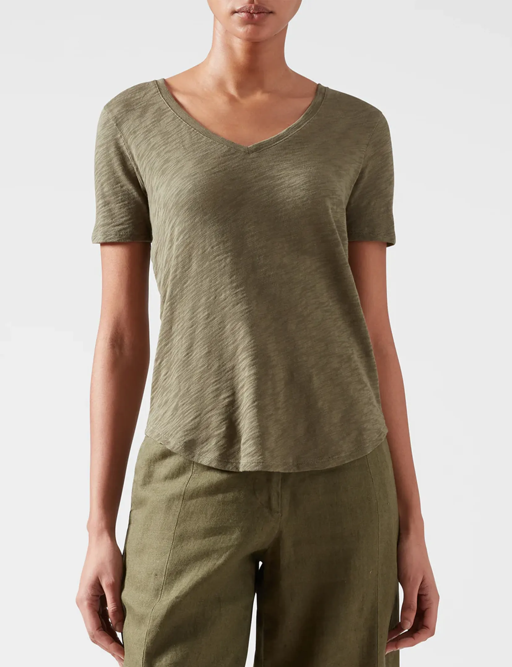 Wrinkle Resistant Material Stretch Knit Slub Jersey V-Neck Tee, Army