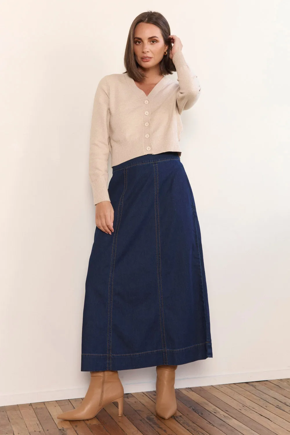 Comfort Mood Cultural Event Maddy Denim Maxi Skirt in Dark Wash