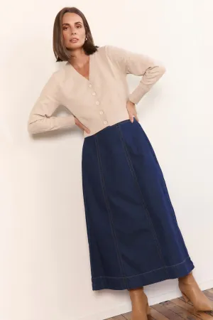 Neat Look Side Slit Maddy Denim Maxi Skirt in Dark Wash