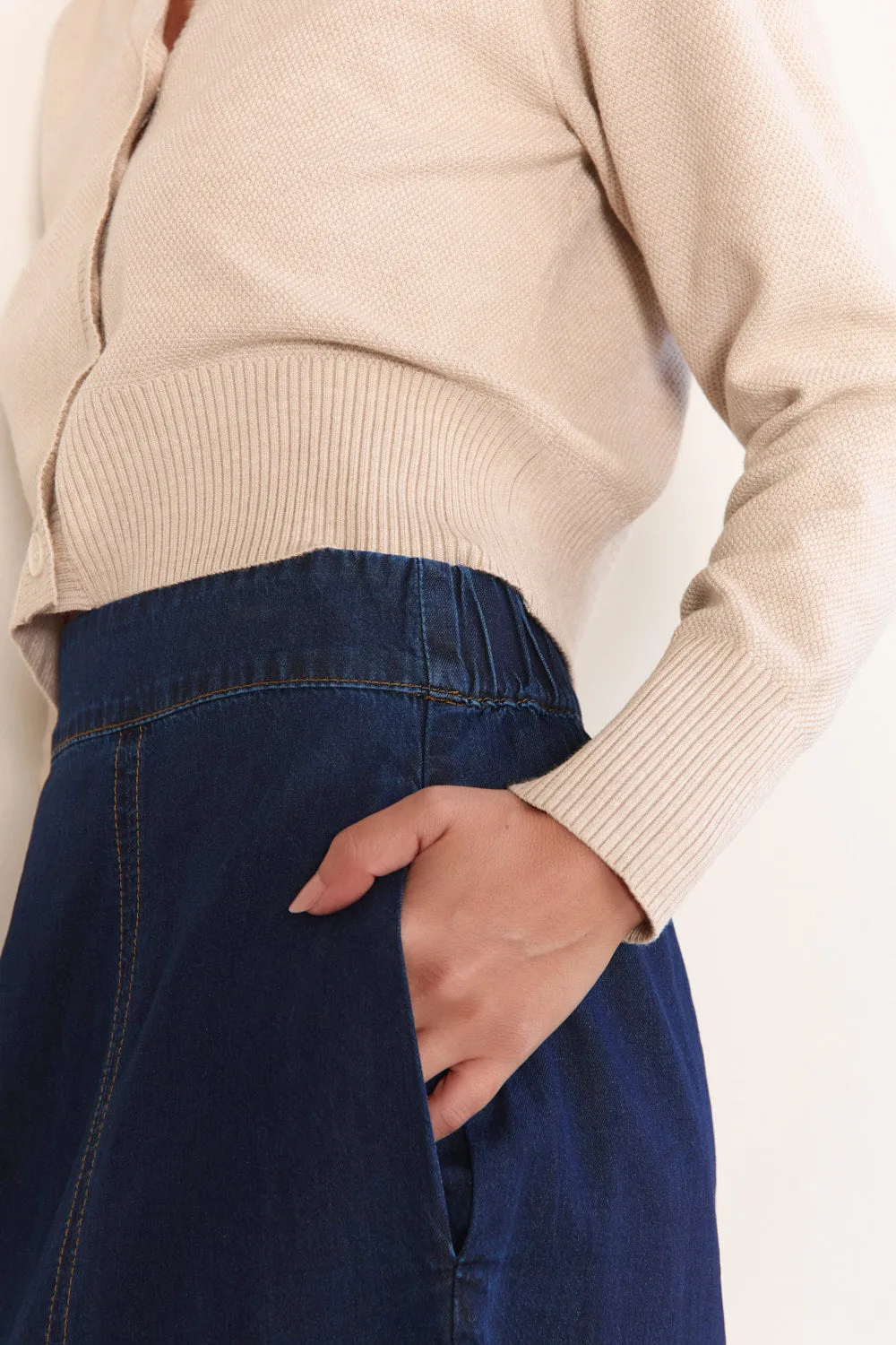 Pleated Construction Maddy Denim Maxi Skirt in Dark Wash