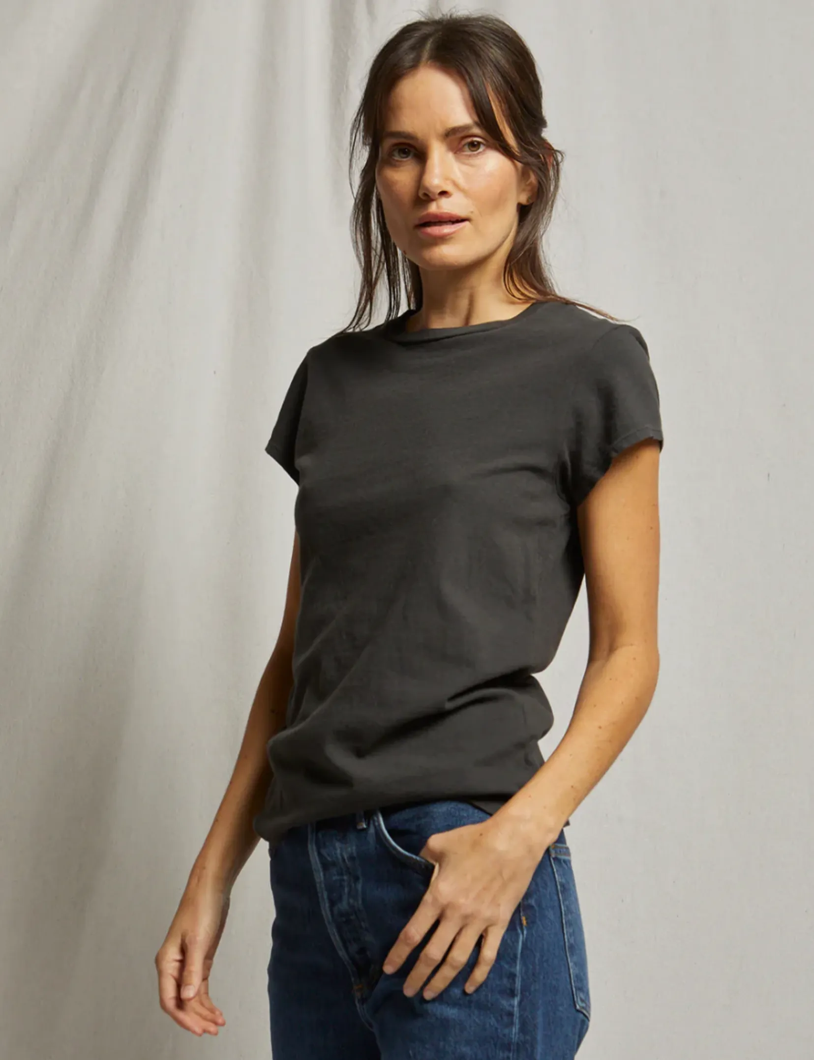 Sheryl Recycled Baby Tee, Vintage Black Sleek Stretch Fit Sleek And Stylish