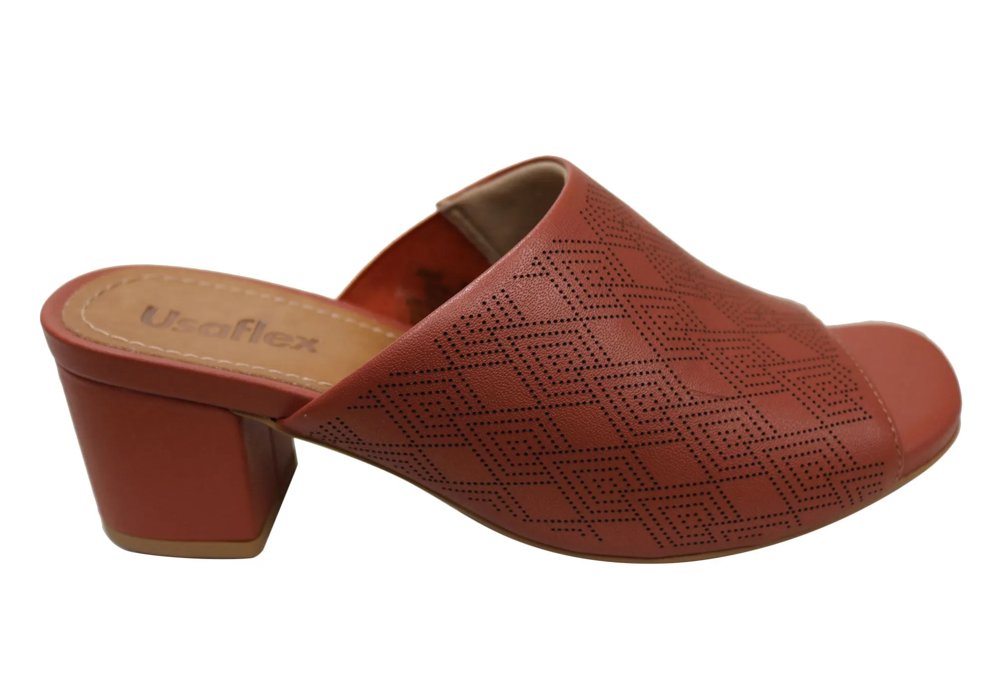 Gum outsole Vintage Style Heels Usaflex Janice Womens Comfortable Leather Slides Heels Made In Brazil