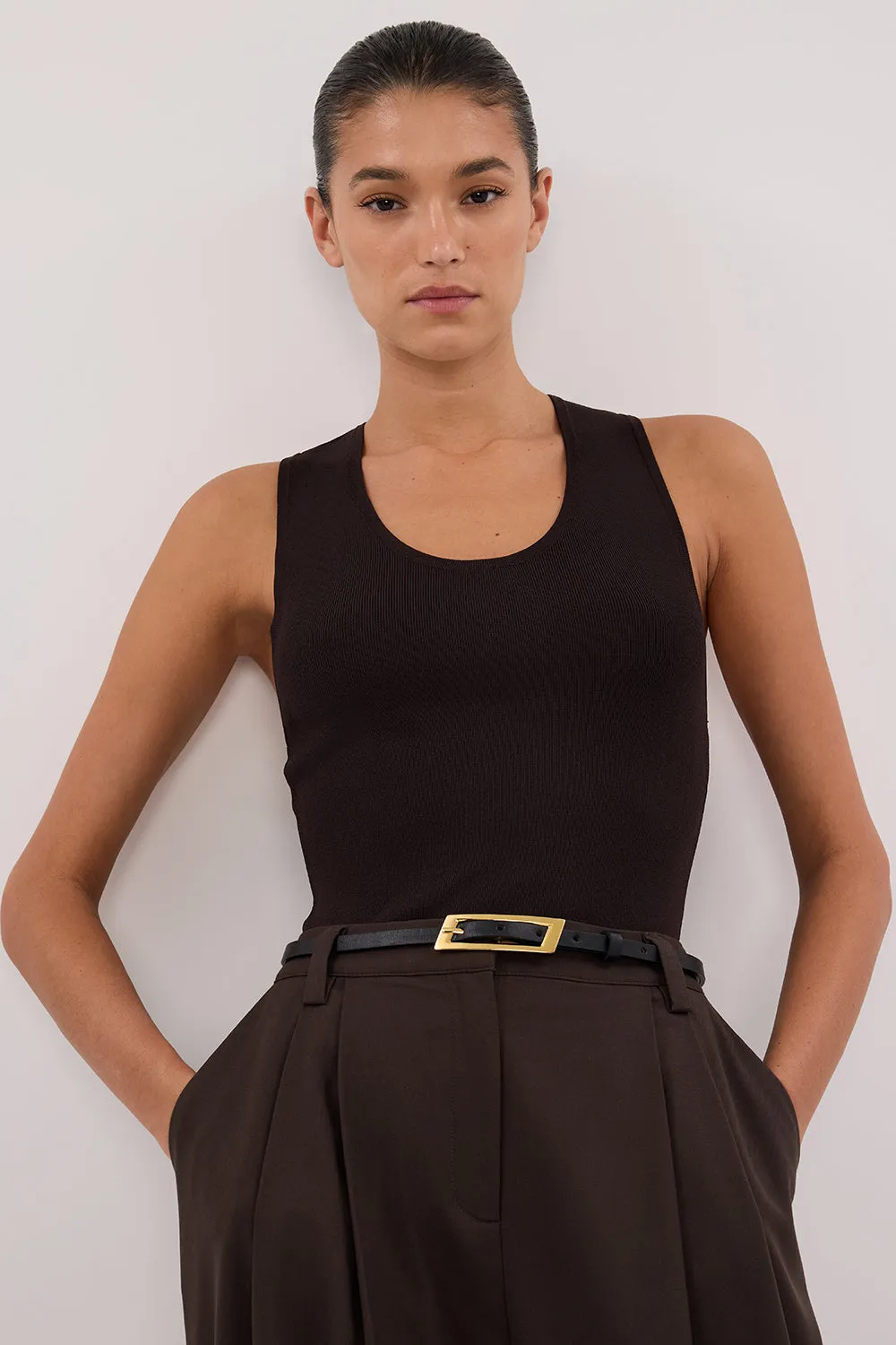 Home Trend MultiDirectional Flexibility DEVIN BITTER CHOC RACER KNIT TANK