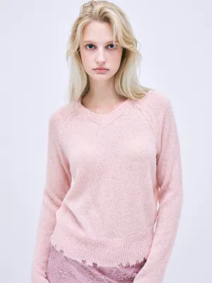 MOHAIR BLENDED CROPPED RAGLAN V NECK_PINK Gentle Fit Chill Proof