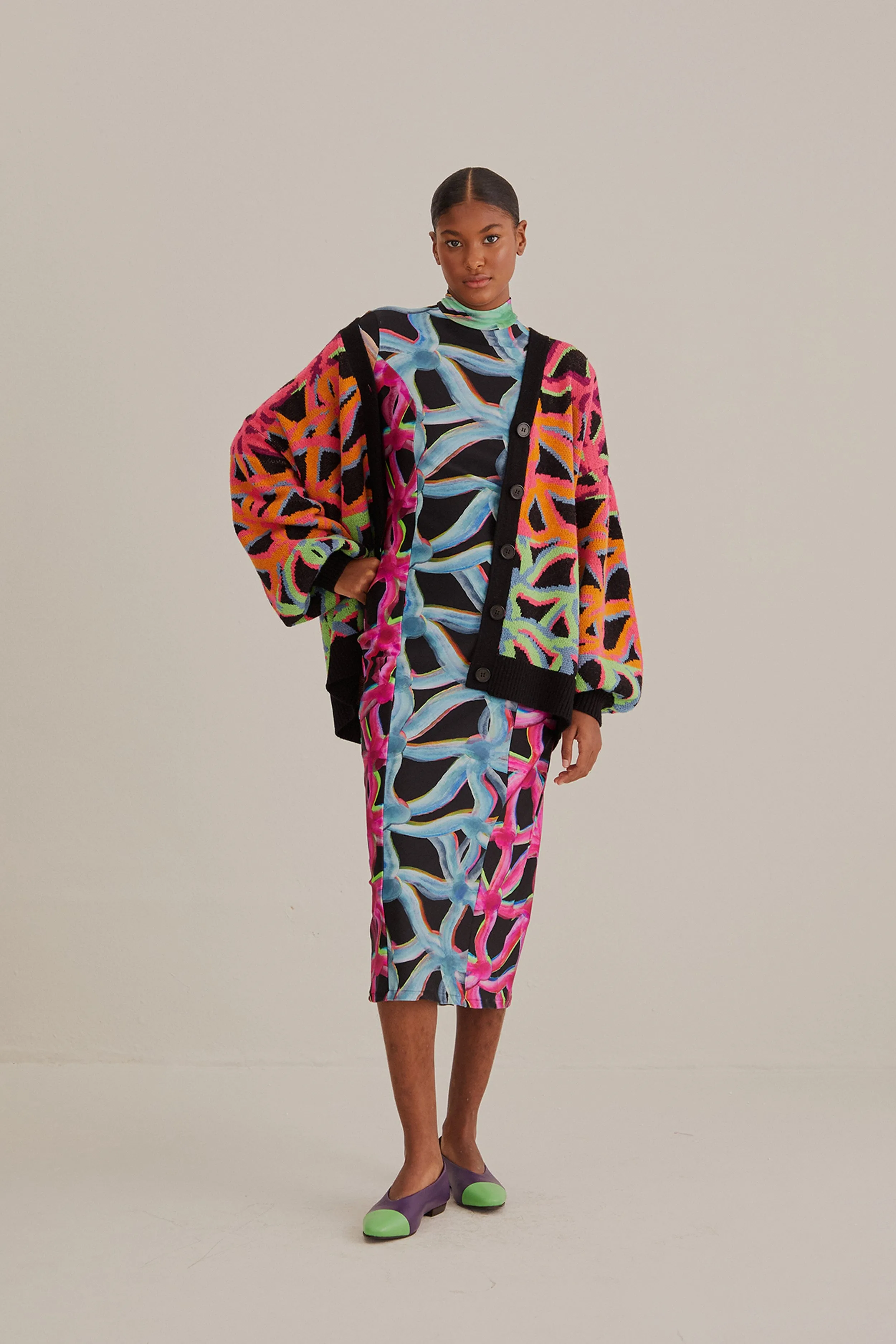 Elastic hemline Garden Plaid Knit Cardigan