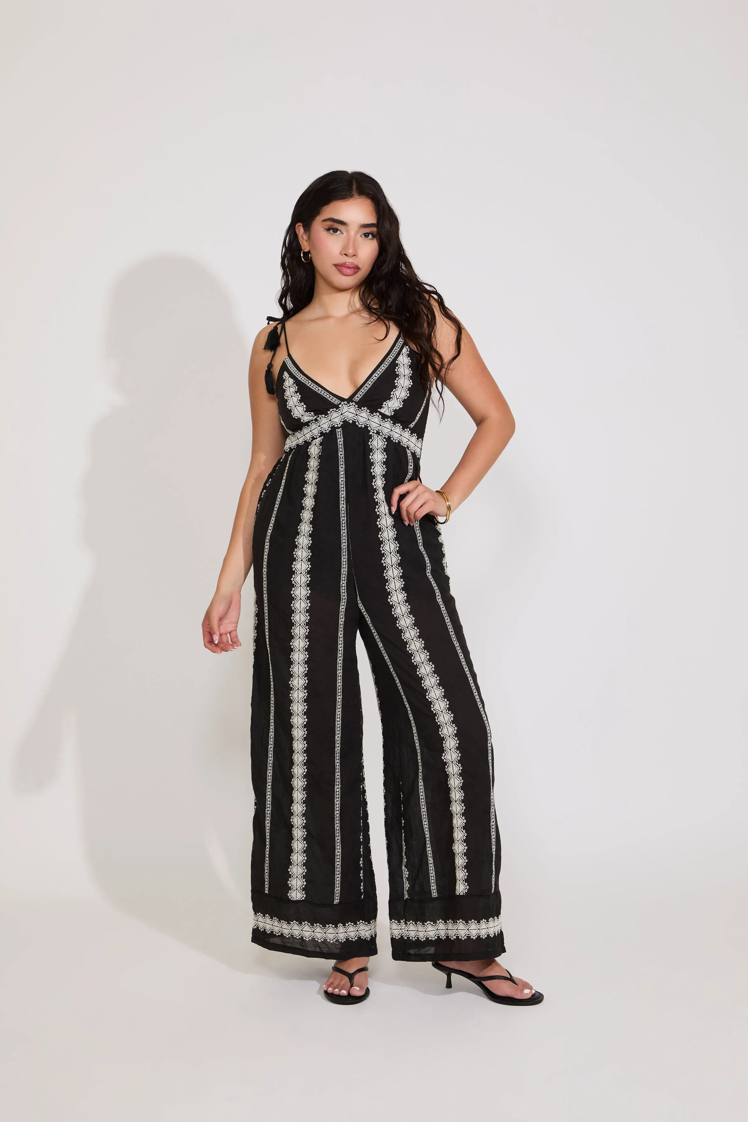Ankle-length V NECK SLEEVELESS WIDE LEG EMBROIDERED JUMPSUIT
