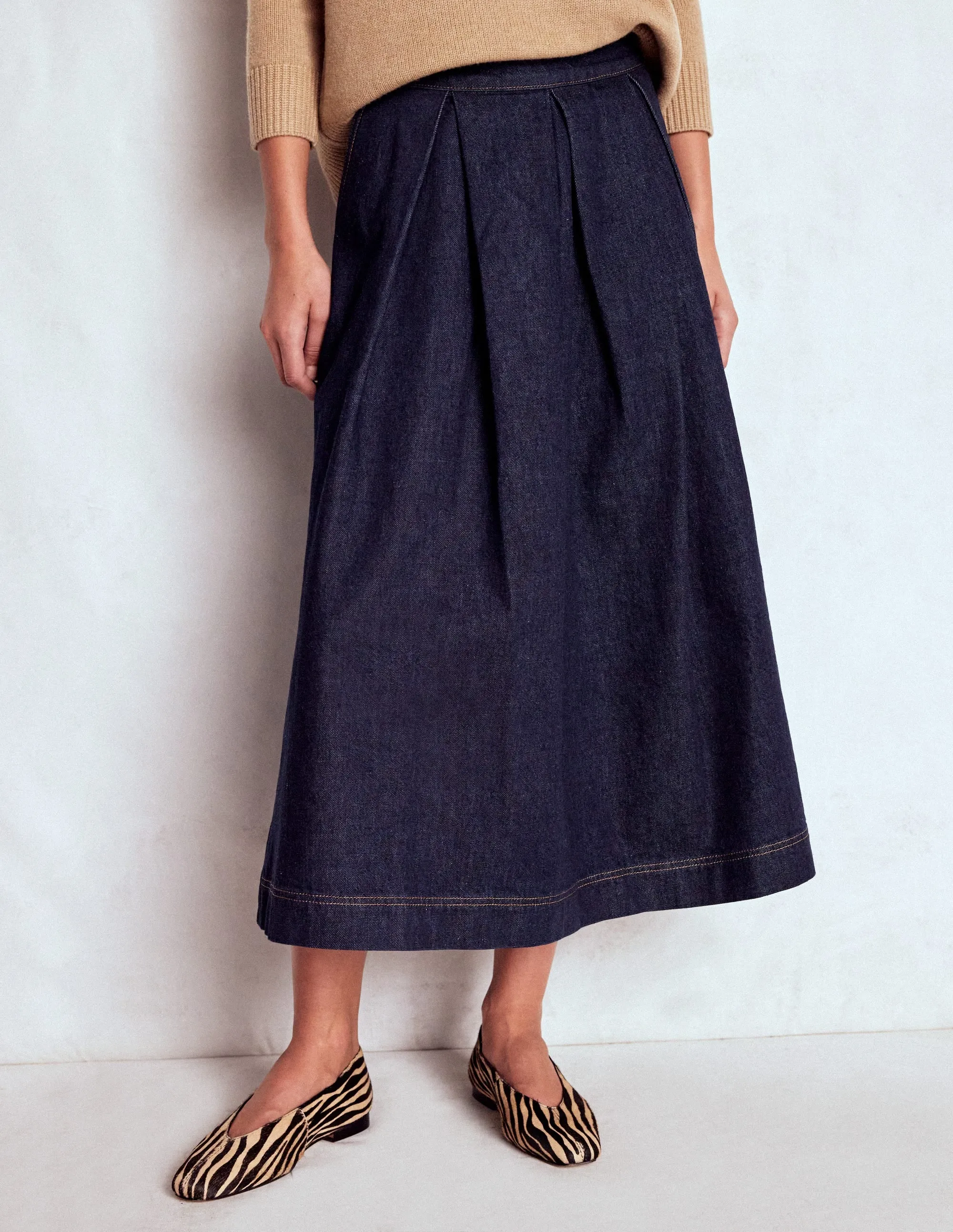 Two Tone Trim Verity Denim Midi Skirt-Indigo