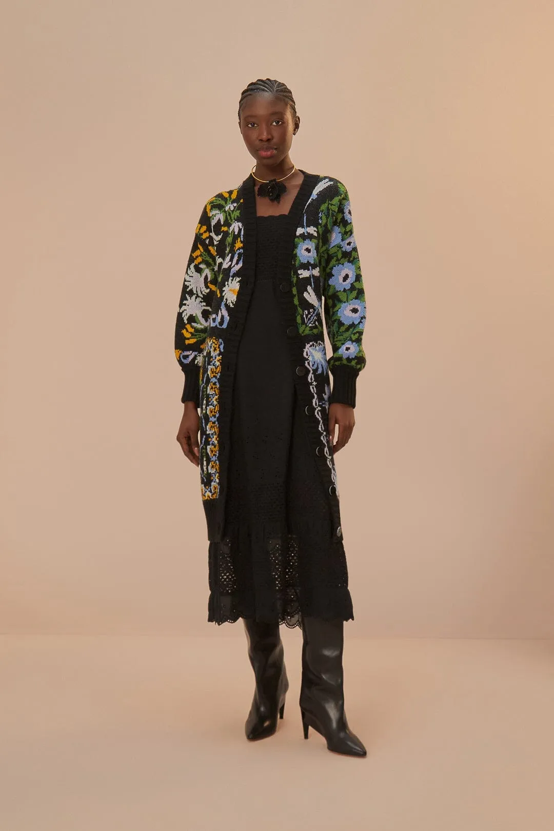 Black Winter Garden Knit Midi Cardigan Low Maintenance Fibers Breathable Openwork Knit