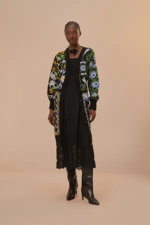 Black Winter Garden Knit Midi Cardigan Low Maintenance Fibers Breathable Openwork Knit