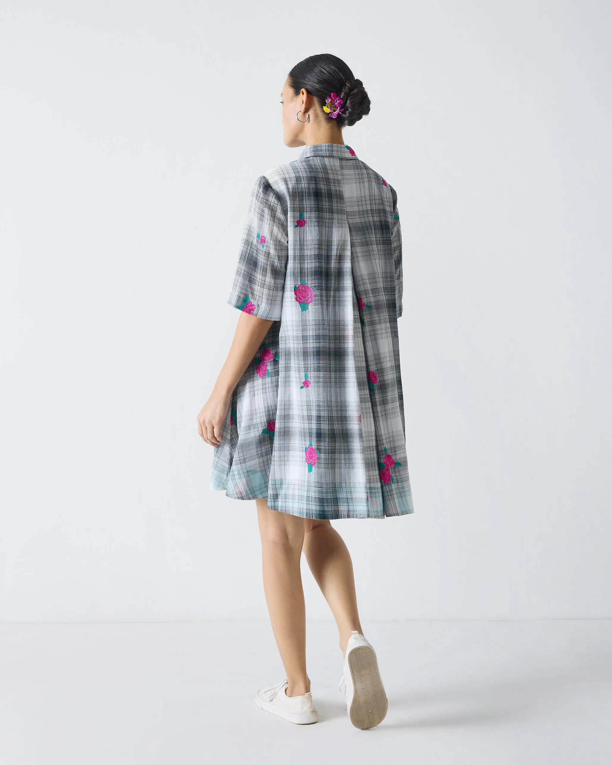 Happy Heart Dress - Black & White Embroidery Satin Soft