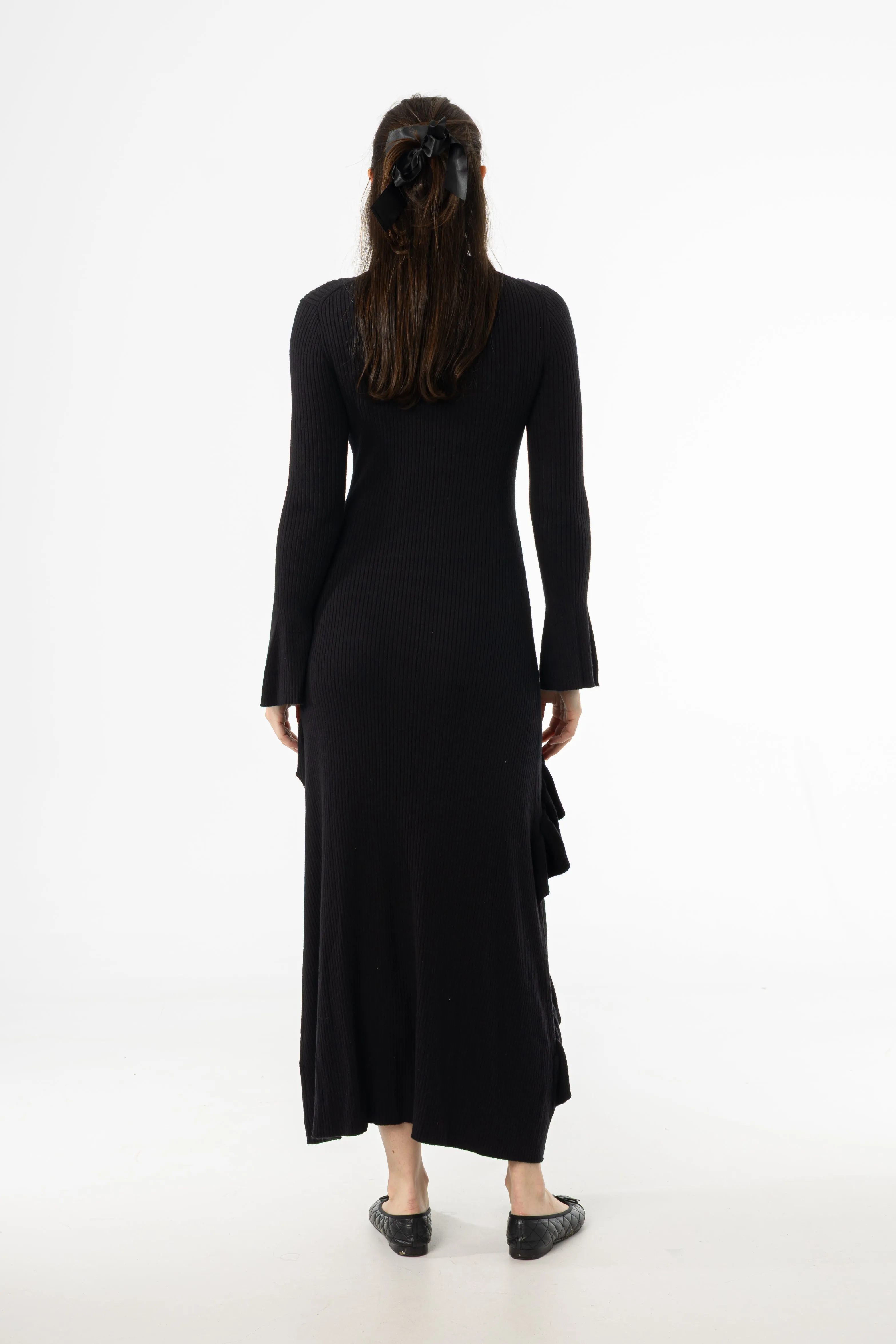 Lace-Sleeve Shared Moment Black Ruffle Knit Dress