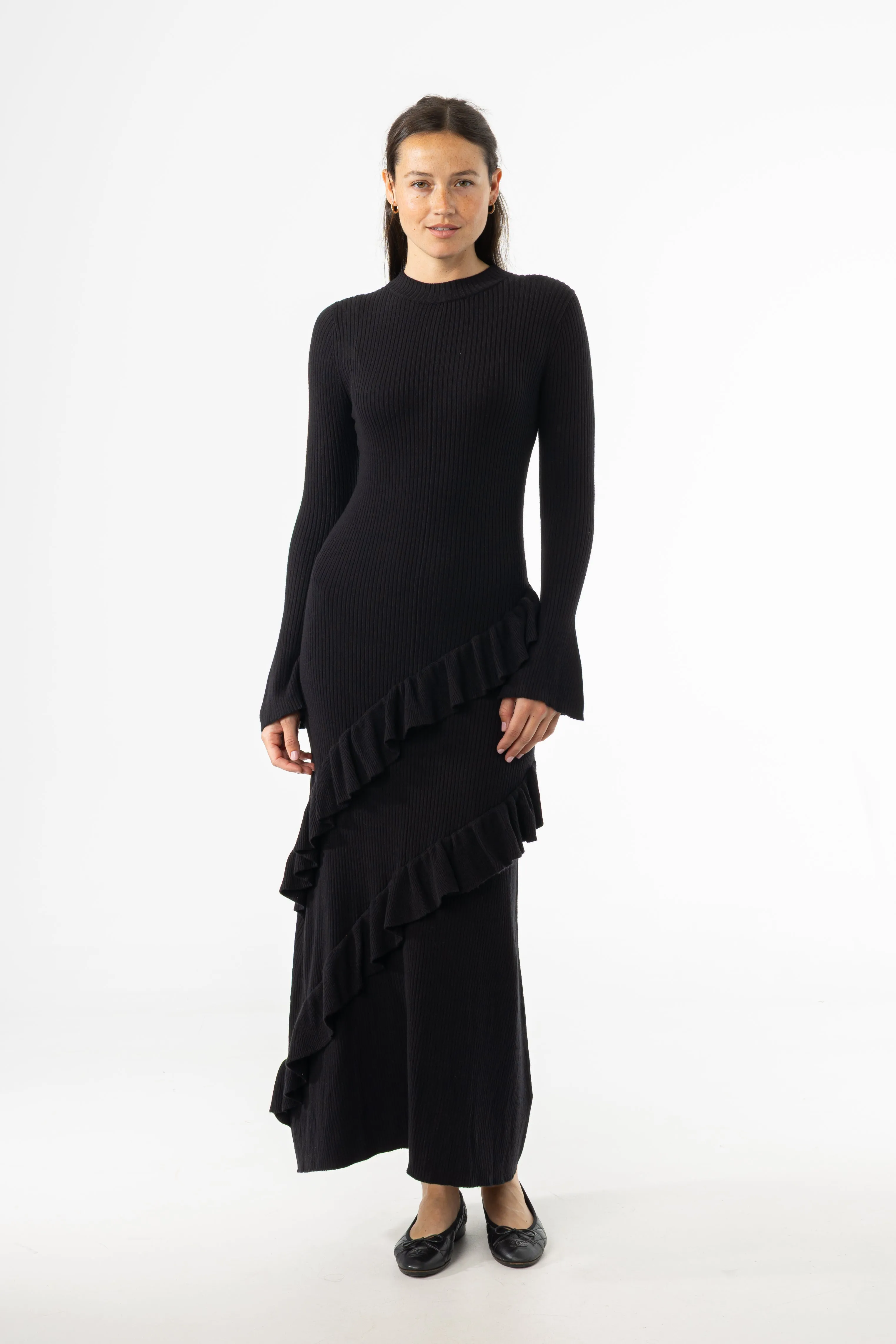 Black Ruffle Knit Dress Satin Soft