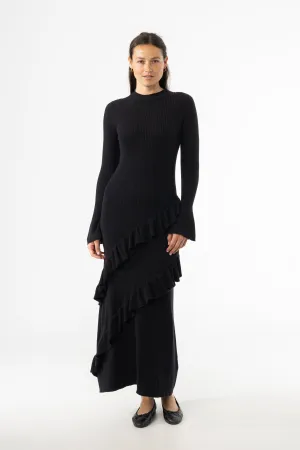Black Ruffle Knit Dress Satin Soft