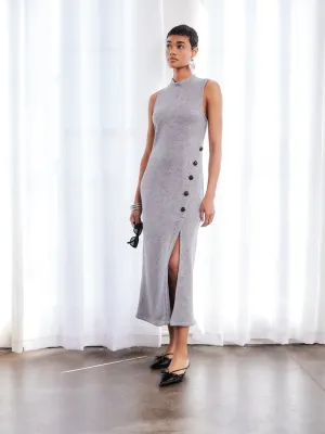 Lauren Button Detail Midi Dress Sleek Fit