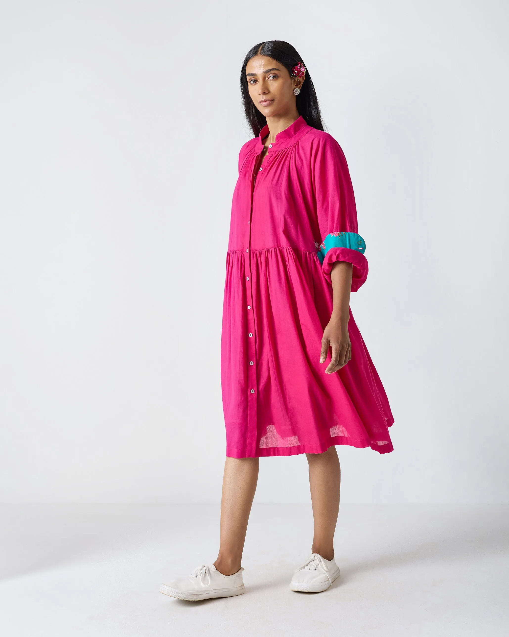 Miya Button Front Dress & Slip - Fuchsia Silky Drape Front-Zip