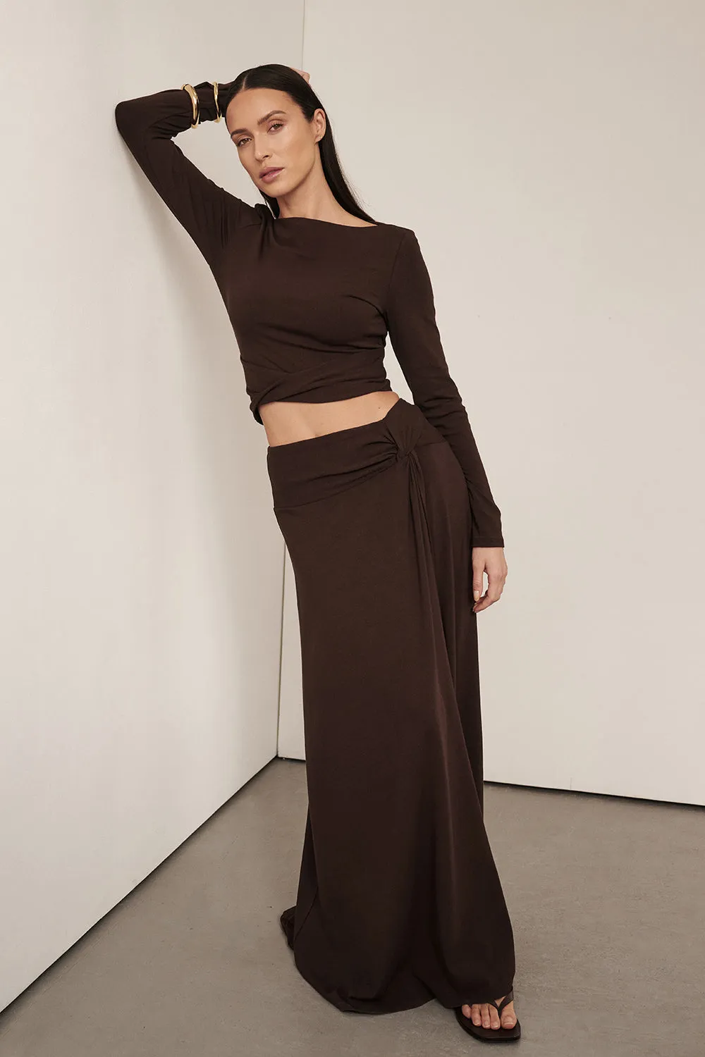 HADLEY CHOC LONG SLEEVE TWIST TOP Durable Edge Binding Stretch Waistband Design