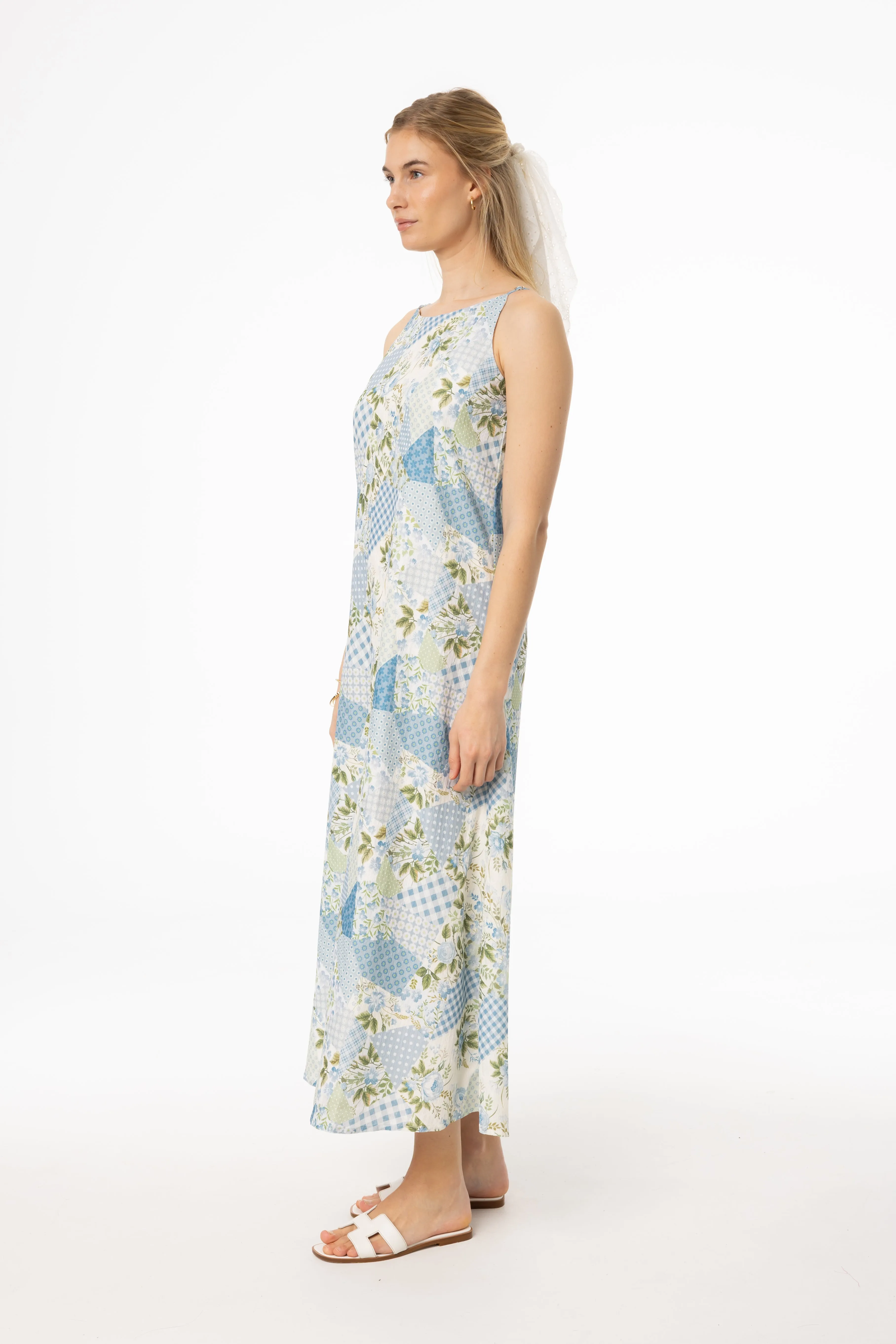 Blue Patchwork Printed Slip Dress Beach Walk Chill Detail