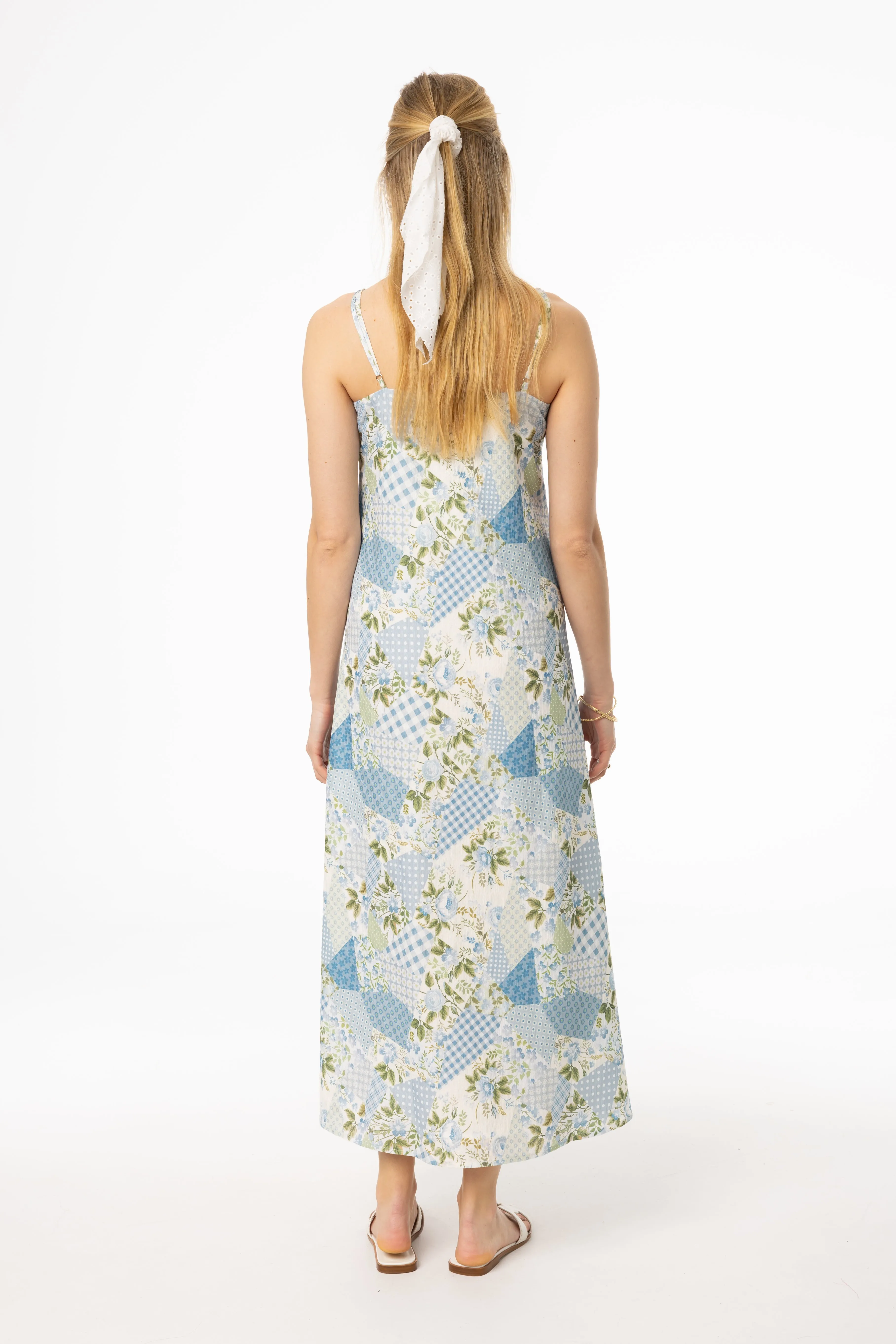 Blue Patchwork Printed Slip Dress Basic Cool