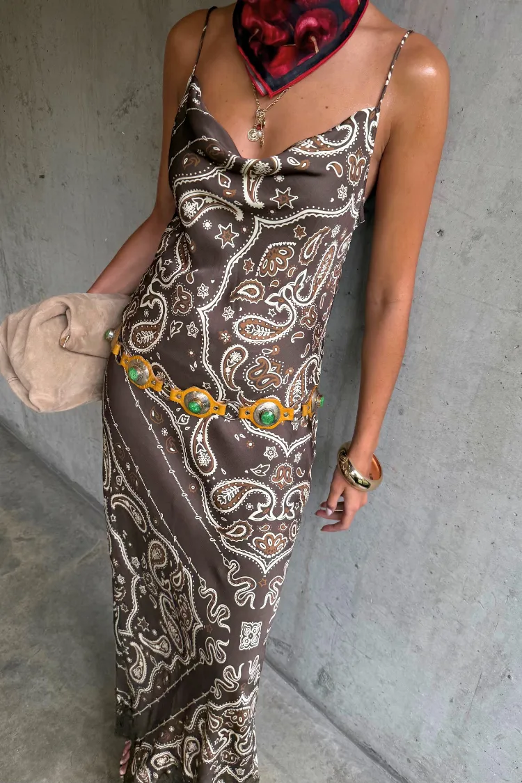 Brown Bandana Patti Dress Feminine off-the-shoulder gown Fall Tone