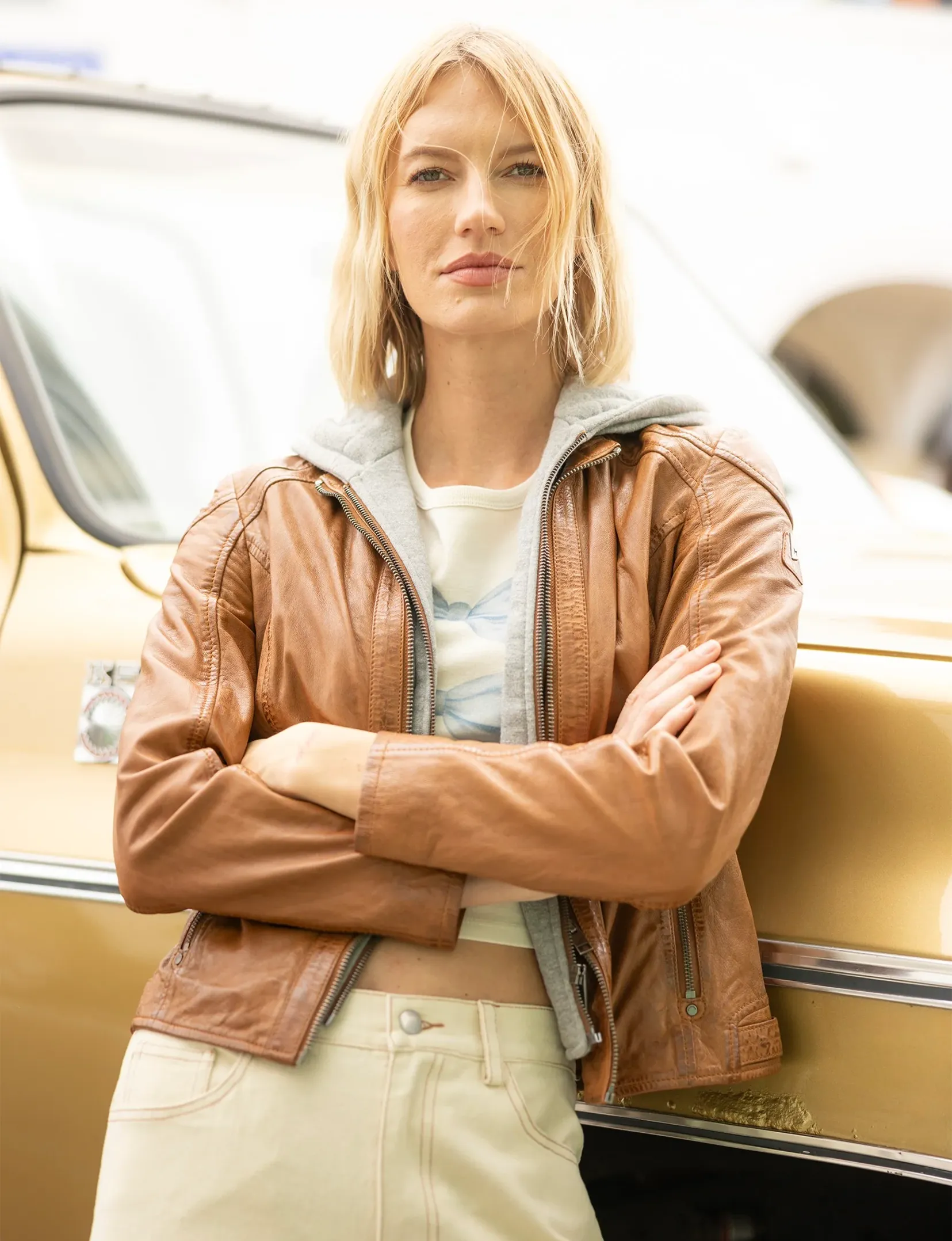 Allice Leather Jacket Hoodie, Cognac Reinforced Stress Points Stowable Hood