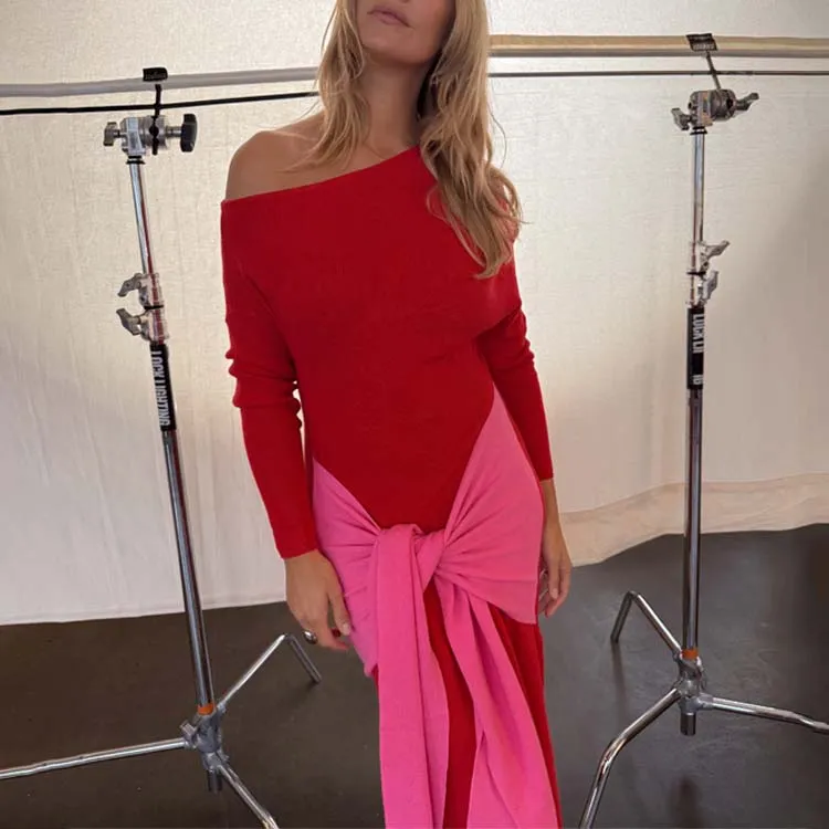 Travel Essential Cozy Classic Red and Pink Afia Midi Dress