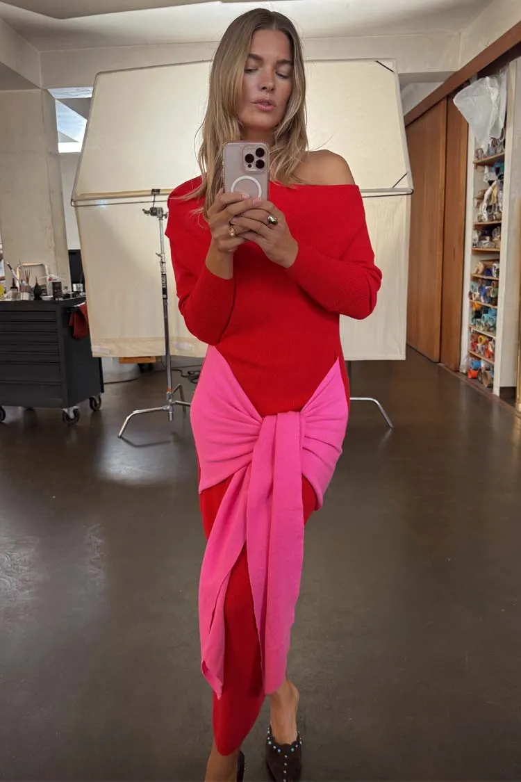 Red and Pink Afia Midi Dress Low Impact Manufacturing Sustainable Dye Process