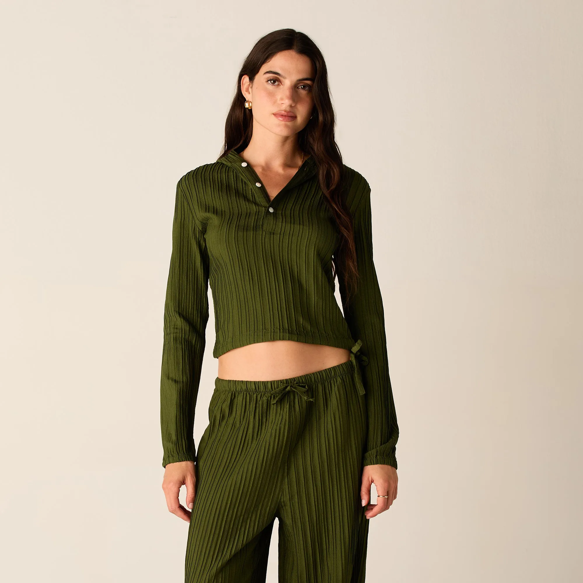 family wear casual party Kith Women Umi Plisse Drawstring Hoodie - Kelp