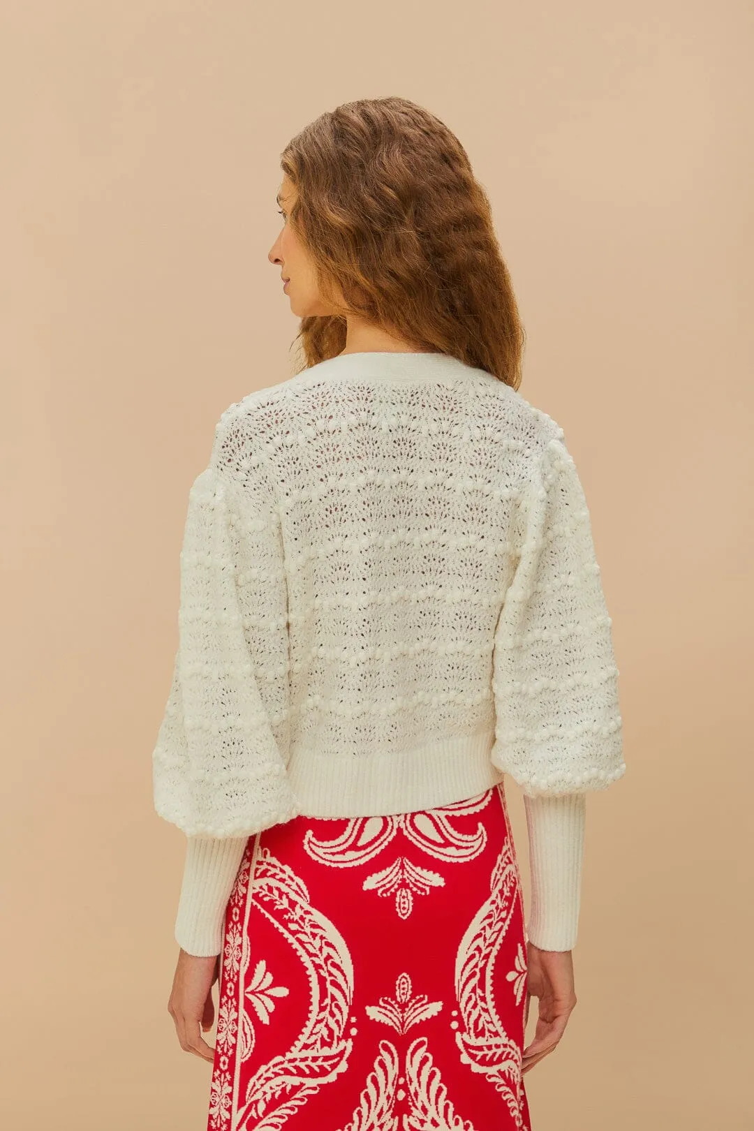White Lace Stitch Knit Crop Cardigan Functional Drape