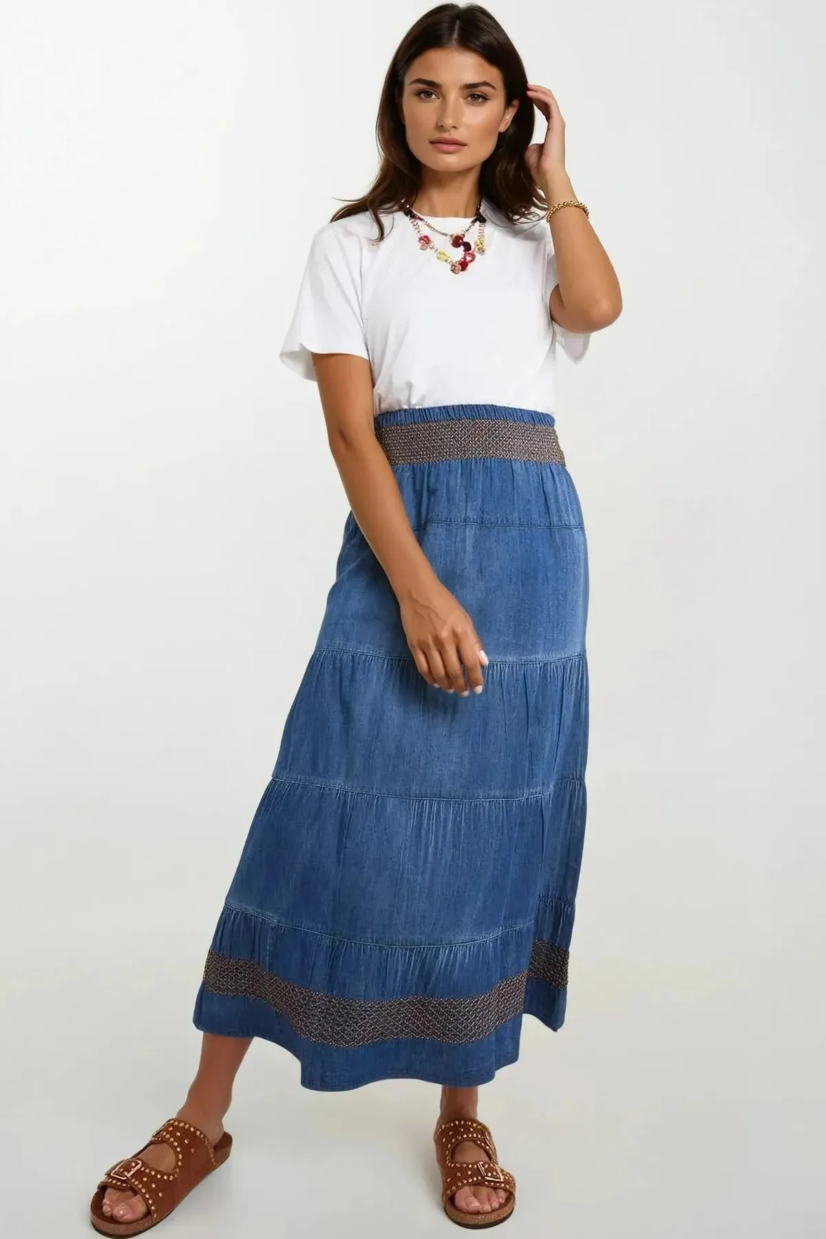 Tiered Blue Denim Midi Skirt Side Pockets Elegant Texture