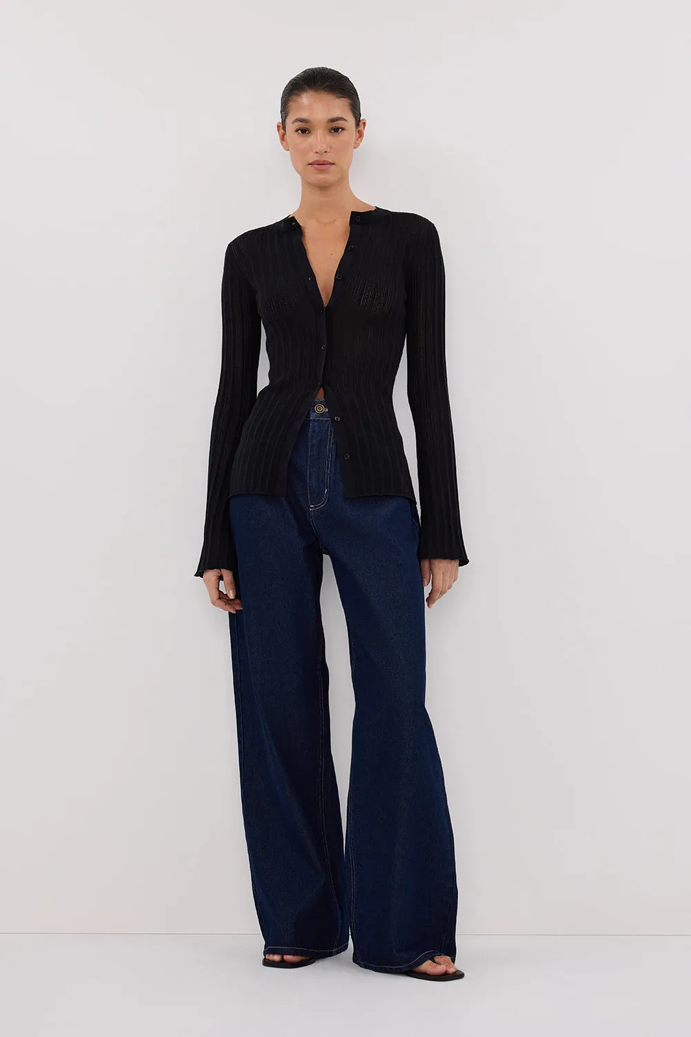 Elegant Look Functional Piece BOWIE BLACK BUTTON THROUGH KNIT TOP