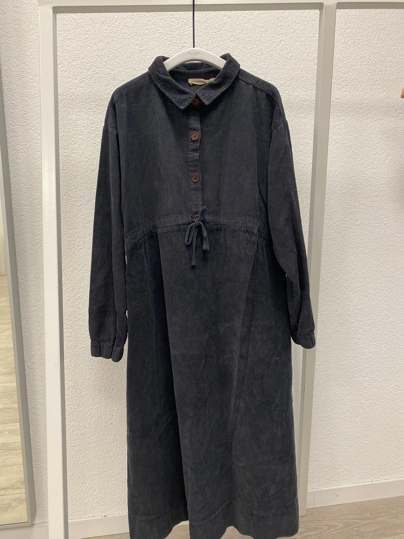 Yuri Organic Cotton Cord Dress in Charcoal Smooth Drape Natural Style